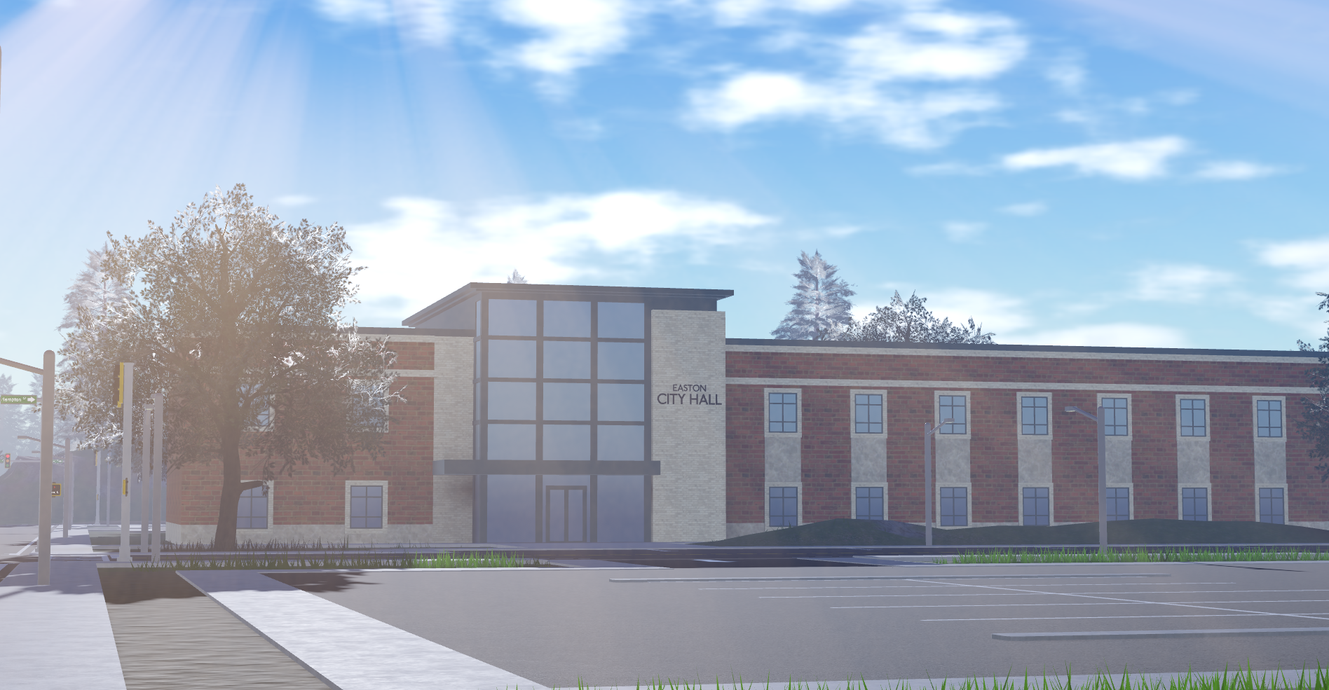 Easton City Hall in front of a sunrise