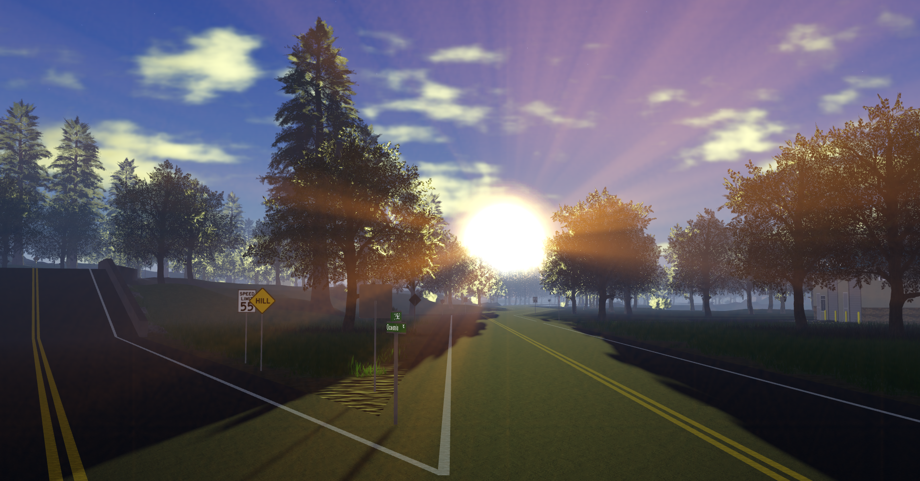 A countryside road below a sunset